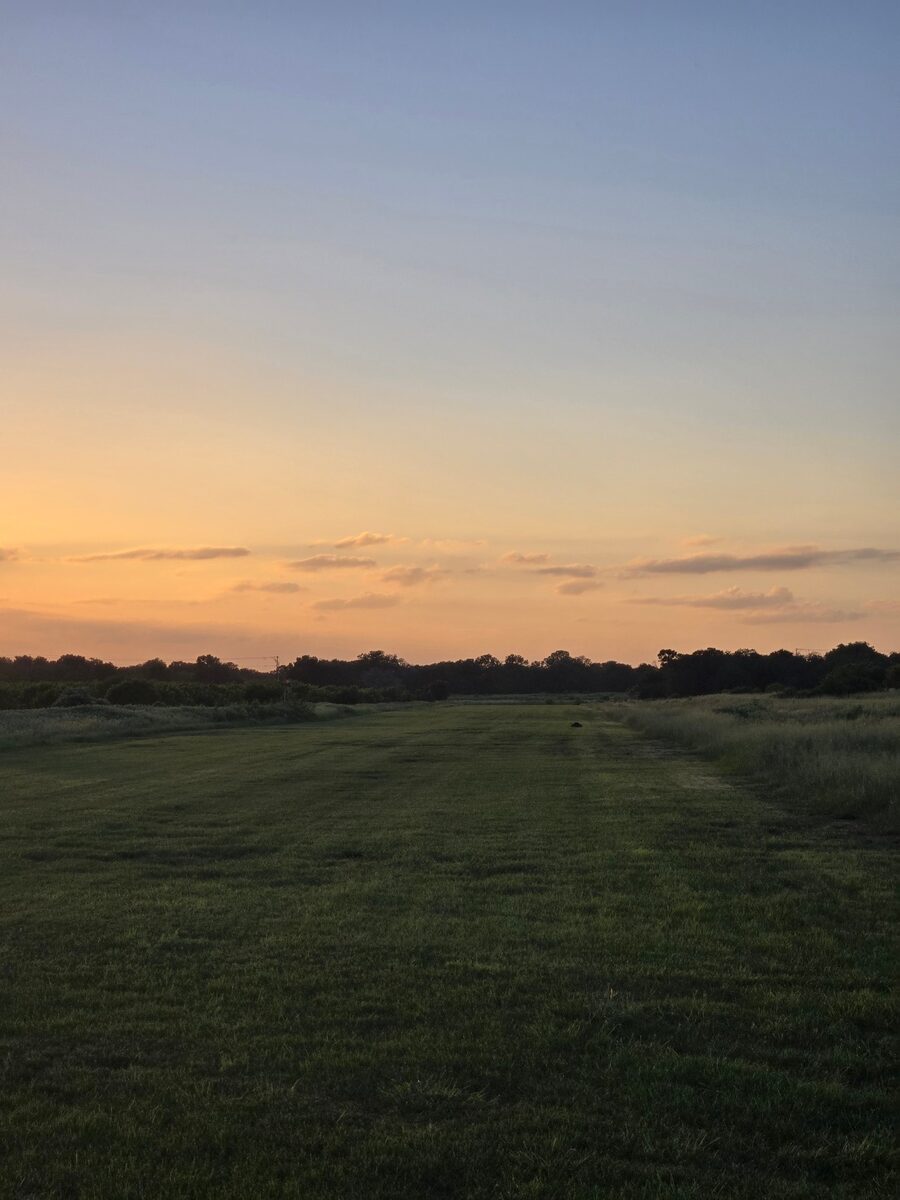 Turf runway at dusk after a full mowing pass